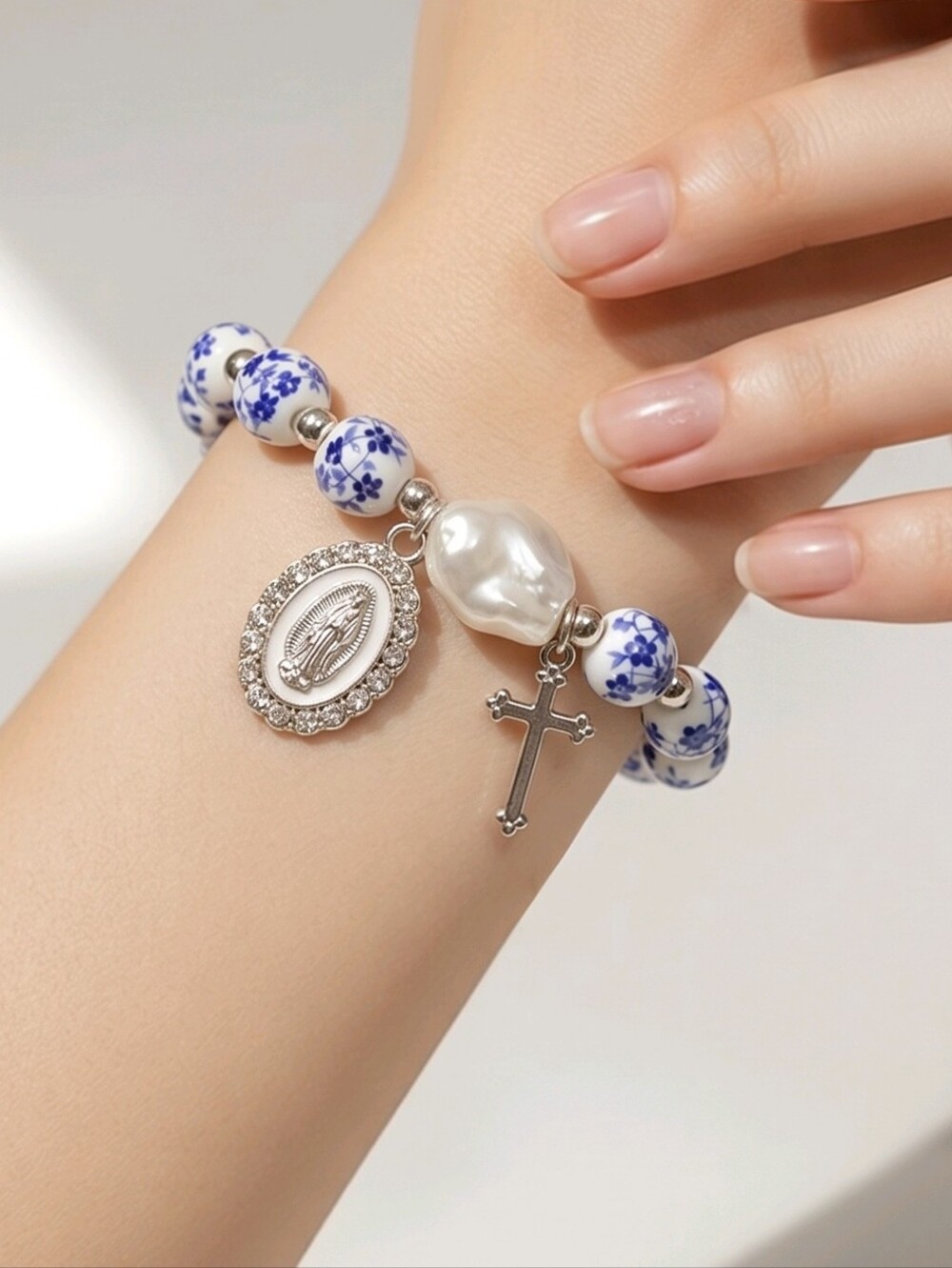 Blue Floral Miraculous Medal Bracelet Catholic Cross Silver Faith Jewelry